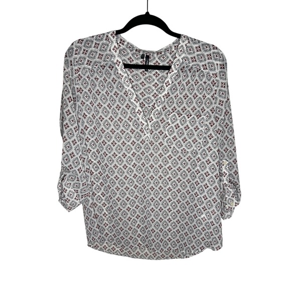 Maurices Tops - Maurices Women's Geometric Print Tunic Top Roll Tab Sleeves White Red Size L
